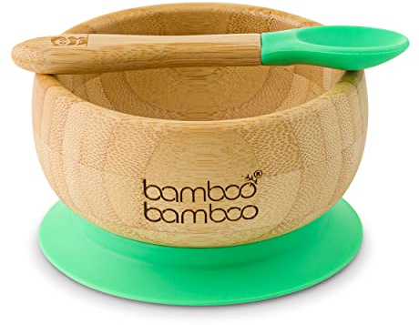 bamboo bamboo ® Set med babyskålar med sugfunktion och sked, 350 ml, grön – avtagbar sugbotten – BPA-fri avvänjningsskål i naturlig bambu för matning utan spill