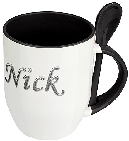 digital print Namenstasse Nick - Löffel-Tasse mit Namens-Motiv Chrom-Schriftzug - Becher, Kaffeetasse, Kaffeebecher, Mug - Schwarz