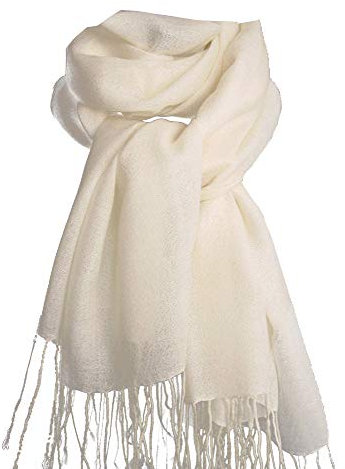nella-mode XXL Wollschal (205x70 cm inkl Fransen); Feiner & weicher unifarbener Schal Tuch Stola aus 100% Wolle Damenschal in vielen Farben zur Auswahl (Wollweiss)