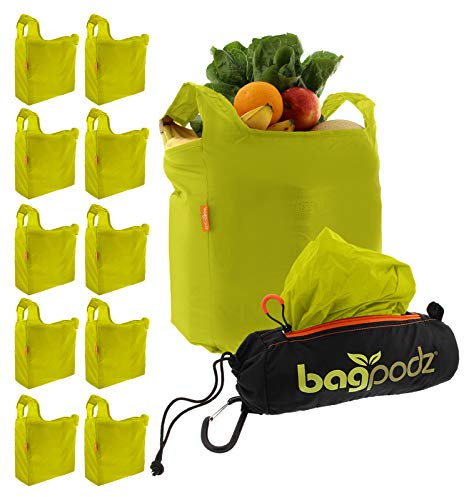 BagPodz Sturdy Reusable Grocery Bags Foldable and Washable - Made From RipStop Nylon Hold 50lbs - Designed in USA Reusable Shopping Bags Inside a Compact Pod with Carry Clip - 10 Pack in Green