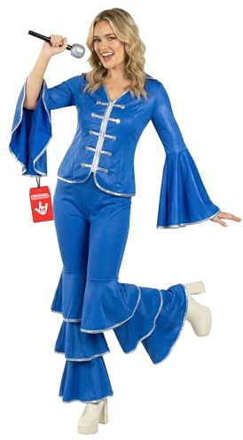 fun shack 70 Disco Costume for Women Blue Flares, Disco Queen Jumpsuit, Retro Dance Outfit for Parties, Medium
