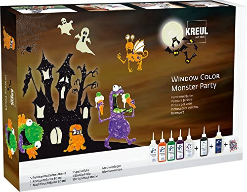 KREUL 42850 - Window Color Set Fête des Monstres, 7 x 80 ML Peinture pour fenêtres, Inclus Contour Noir et Peinture phosphorescente, Amusement Effrayant et modèles