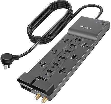 Belkin Power Strip Surge Protector with 12 AC Multiple Outlets, 10 ft Long Flat Plug Heavy Duty Extension Cord for Home, Office, Travel, Computer Desktop, Laptop & Phone Charging Bricks (4,156 Joules)