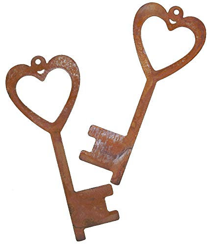 Rostikal Schlüssel Set 15x6 cm - inkl. 2 Herzen als Dekorative Metall Herz Anhänger im Edelrost Finish - Ideal für Gartenliebhaber & besondere Anlässe