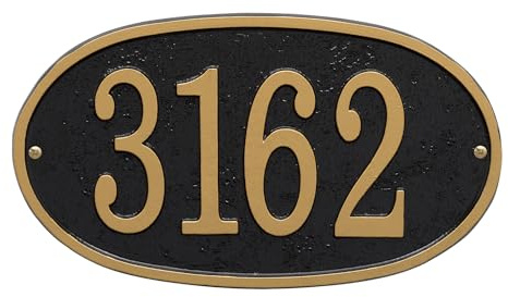 Whitehall Personalized Cast Metal Address Plaque, USA Made Custom Architectural House Number Sign, Oval, 12 x 6.75 inches, Black with Gold Numbers