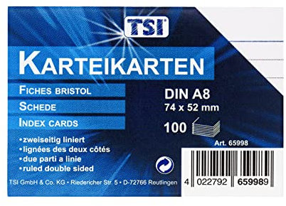 TSI Karteikarten DIN A8, 100-er Packung, liniert, Farbe weiß, Art.Nr. 65998