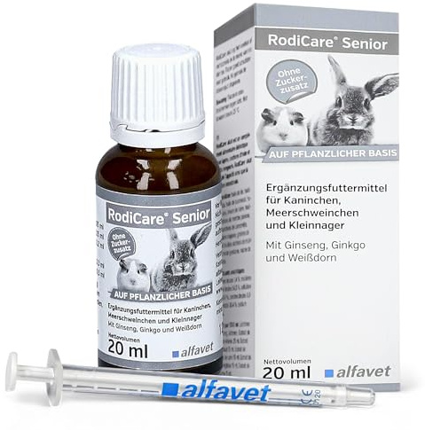 alfavet Rodicare Senior, tilläggsfoder för äldre kaniner, marsvin och smågnagare, med ginseng, ginkgo, hagtorn, utan socker, tonic med doseringsspruta, 20 ml