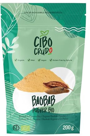 Baobab in Polvere Biologica - 200g. Polvere del Frutto dell'Albero della Vita o Adansonia. Contiene Proteine Fibra Calcio Vitamina C e Ferro.