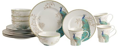 222 Fifth Peacock Garden 16 Piece Porcelain Dinnerware Set with Round Plates: Service for 4, White