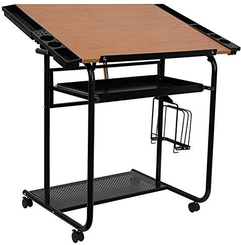 Flash Furniture Swanson Adjustable Drawing and Drafting Table with Black Frame and Dual Wheel Casters, Cherry