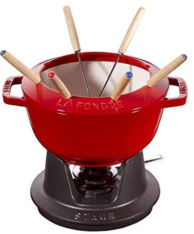 STAUB Juego de fondue con 6 tenedores, para fondue de queso, chocolate y carne, Hierro fundido, Rojo cereza, 18 cm