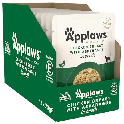 Applaws Natürliches Nassfutter für Katzen im Beutel, Hühnchen mit Spargel in Brühe - 12 x 70g