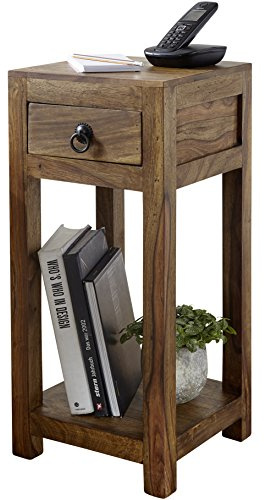 Wohnling Beistelltisch Mumbai Massiv-Holz Sheesham 68cm hoch Wohnzimmer-Tisch mit Schublade Design Landhaus-Stil Couchtisch
