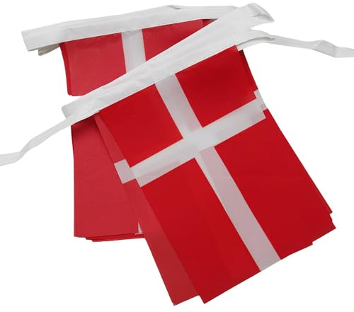 AZ FLAG Wimpelkette Dänemark 6 m 20 Flaggen Leichtes Polyester 21x15 cm | Für innen und außen Dänische Flaggenkette Danmark Flaggen auf verstärktem Band vernäht