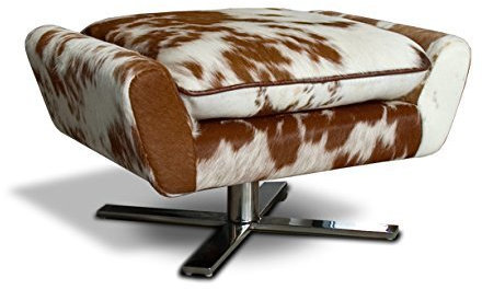 NEUERRAUM Comodo poggiapiedi Pelle di mucca, Tavolino sgabello, sgabello, sgabello con cuscino, base in acciaio inox massiccio. Peso 17kg. IMMAGINE in (vera-) in pelle di mucca marrone/bianco.