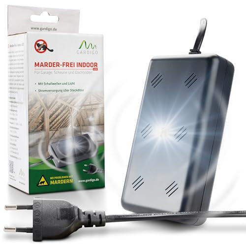 Gardigo® Marder-Frei Indoor LED für Marderabwehr | Marderschreck Haus, Garage, Scheune, Stall und Carport I 230 V mit Netzstecker | LED Blitz-Licht | Ultraschall Frequenzen| Marderschutz Dachboden