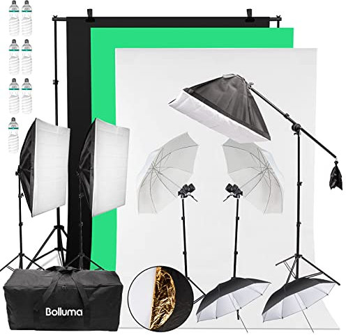 BOLLUMA Photo Studio Softbox Lighting Kit with 3 Color Backdrops, Background Support Kit with 7x150W Light Bulb, Photography Equipment with 5-in-1 Reflector for Video, Portraits, Product Shooting
