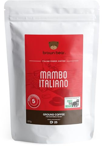 Strong Dark Roast Ground Coffee 227g - Ideal For French Press, Cafetiere, Filter, Drip, V60, Aeropress - Brown Bear Mambo Italiano Blend - Strength 5
