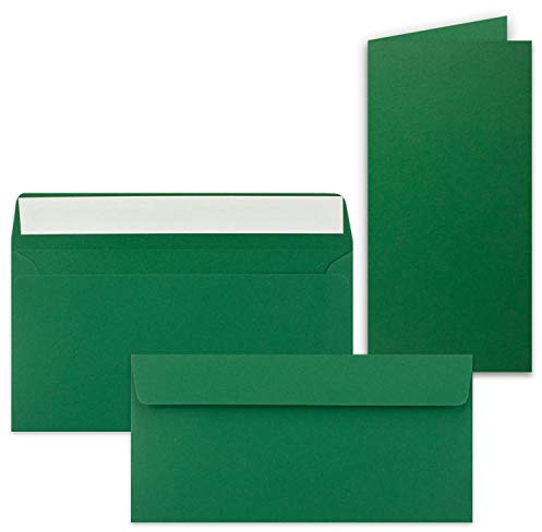50x Faltkarten-Set mit Briefumschlägen DIN Lang in Dunkelgrün (Grün) - 21 x 10,5 cm - Blank Klappkarten und Umschläge für Einladungen und Grüße zu Geburtstag und Hochzeit