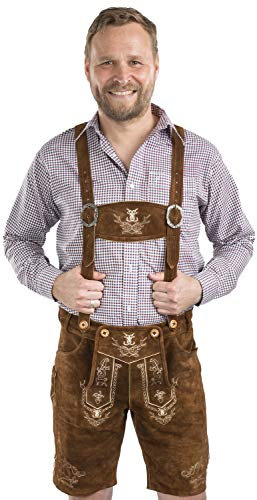 Herren Lederhose kurz - Trachtenlederhose inkl. Hosenträger – Trachtenhose Echt-Leder Tracht Alpenjäger (60, mittelbraun)