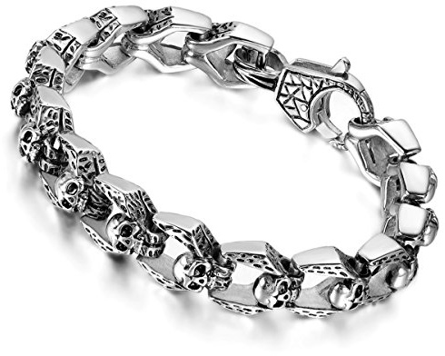 Flongo Herren-Armband für Herren, Große Schwer Breit Edelstahl Armband Link Handgelenk Silber Schwarz Gold Totenkopf Schädel Motorradfahrer Biker Herren-Accessoires