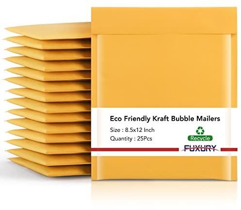 Fuxury Kraft Bubble Mailers 8.5x12 Inch 25 Pack, Strong Adhesion Padded Envelopes #2,Self Seal Bubble Envelopes, Padded Mailers,Book Mailer Packaging for Small Business,Yellow