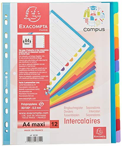 Exacompta - Ref 3812E - Campus PP Dividers - Suitable for A4+ Documents, 12 Tabbed Parts, 0.3mm Rigid Polypropylene, Pre-Punched for Folders - Multi-coloured