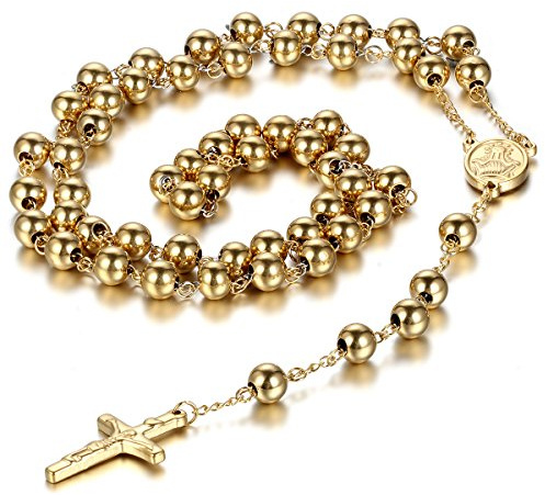 JewelryWe Joyería Acero Inoxidable Colgante Collar Dorado Pletado, Jesús Cristo Crucifijo Cruz Rosario Retro Vintage Oración Grabada en Español, Cadena de 75cm, Regalos para Navidad