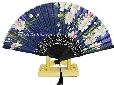ChicEver Fächer Handfächer aus Bambus & Leinen schwarz blau rosa Blumen Handarbeit 6639