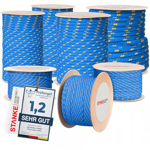 Seilwerk STANKE Cuerda de Polipropileno Azul con Marcador Amarillo 12mm 50m - Cuerda para Tender Ropa Exterior, Sujetar una Tienda de campaña- SOGA para jardín Exterior, Pesca