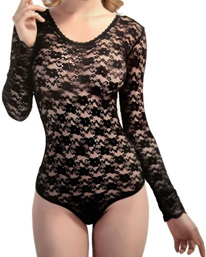 Toocool - Body de encaje transparente con cuello redondo y tanga, para mujer, ropa interior XLM2646, Negro , Large-X-Large