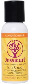 Jessicurl ¡Demasiado karité! Acondicionador extra hidratante, lavanda cítrica, 2 onzas líquidas. Acondicionador sin enjuague para cabello seco, productos para el cabello antiencrespamiento