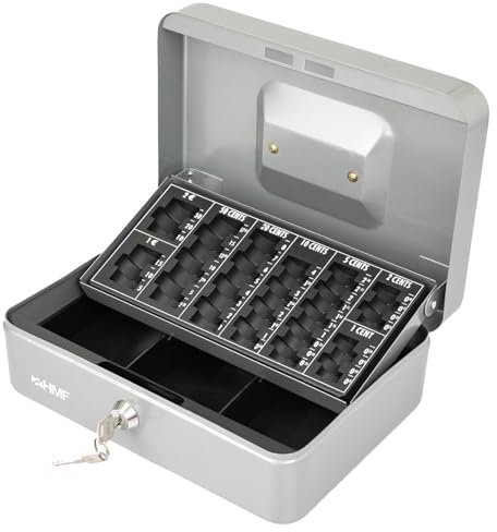 HMF Geldkassette abschließbar, Kasse mit Euro Münzzählbrett, 3 Banknotenfächer | 25 x 18 x 9 cm | Silber