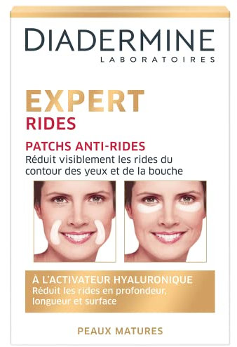 Diadermine - Patchs Anti-Rides Visage - Contour des Yeux et de la Bouche - Expert Rides 3D - Peaux Matures - Réduit les rides en profondeur - Effet repulpant immédiat - 12 patchs,Traitement de ride