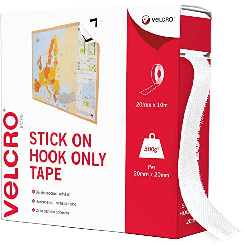 VELCRO Brand | Nastro Adesivo con Solo Gancio | Nastro Autoadesivo Taglia su Misura con Solo Gancio Forte | Ideale per Decorare Stanze e Utilizzo in Casa, Ufficio, Garage | Bianco | 20 mm x 10 m