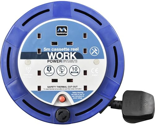 Masterplug Four Socket, 5 Metre Cassette Reel, Small Extension Lead Cable Reel, Wind-Up Retractable Power Cord Reel, Thermal Cut Out, Work Power, Blue/Black, 10A, 4G, 5m, SCT0510/4BL