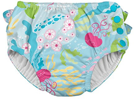 i Play. Toddler Girls' Ruffle Snap Reusable Absorbent Swim Diaper, Aqua Coral Reef, 3T