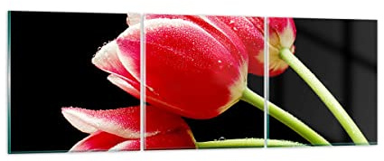 Quadro su Vetro 120x40cm Stampe da Parete in Vetro Tulipano giardino fiore bouquet Grandi Decorazione Murale Camera da Letto Cucina 3 pezzi Quadri Moderni Soggiorno Immagini Wall Art GCA120x40-1494