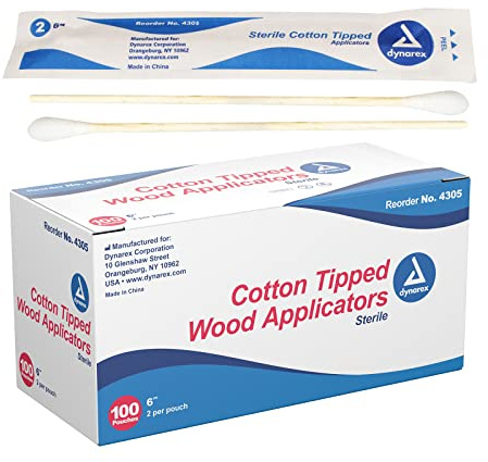 Dynarex Cotton Tipped Wood Applicators - 6 - Sterile - Medical Swabs for Wound Care, Cleaning, Crafts - 100 Pouches per Box, 2 Applicators per Pouch