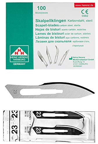 May Skalpellklingen Figur 23 für Halter Nr. 4 Karbonstahl 100 Stk | 100 sterile Karbonstahlklingen der Figur 23 (Heinz Herenz). Passgenau für Skalpellhalter Nr. 4, ideal für die Fußpflege.