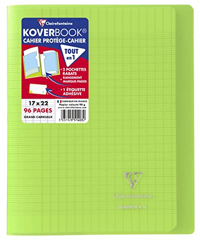 Clairefontaine 951403C – Skolhäftapparat/Anteckningsbok 17 x 22 cm, 48 ark 90 g, fransk linjatur, omslag av transparent polypropen, 2 genomskinliga fodral, robust, häftad, grön, 1 styck
