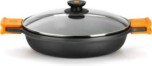 BRA Cacerola Baja con Tapa de Cristal y Asas de Silicona, Aluminio Fundido, Negro, 28 cm