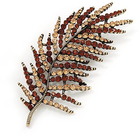 Stunning Large Crystal Leaf Brooch In Antique Gold Metal (Champagne/Amber Coloured) - 9cm Length
