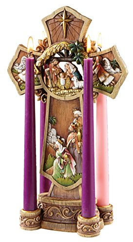 Avalon Gallery Sculpted Resin Advent/Christmas Candle Holder, 13 Tall x 7.8 Wide, Nativity Cross