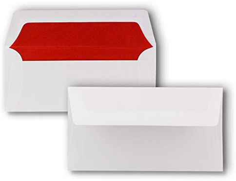 50 Briefumschläge Weiß - DIN Lang - gefüttert mit rotem Seidenpapier - 22 x 11 cm - Nassklebung, gerade Klappe - Ideal für Einladungen und Grüße zu Geburtstag und Weihnachten