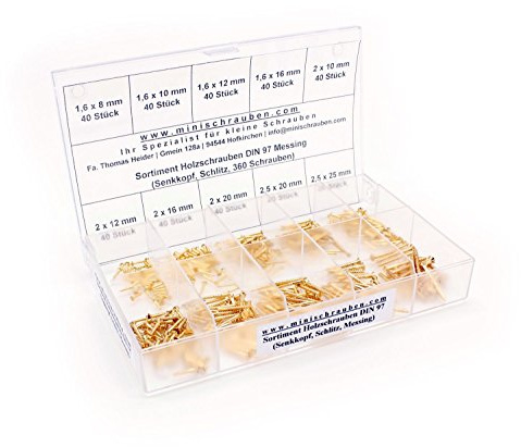360 Stück kleine Holzschrauben nach DIN 97 Messing (ab 1,6 x 8 mm), Schlitz, Senkkopf - Minischraube mit Beschriftungsbox