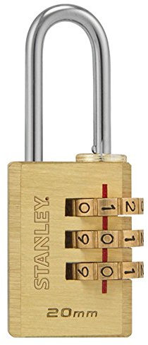 STANLEY Lucchetto a Combinazione 20 mm a 3 Cifre, S742-050,Corpo Ottone Massiccio, Cassa E Ingranaggi in Ottone Massiccio, Arco Acciaio Cementato, per Armadietti Palestra, Cassette Sicurezza