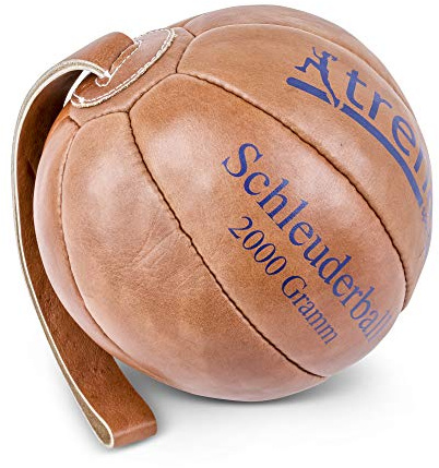 trenas - Schleuderball 2 kg aus Echtleder (Ø 21 cm), Klassischer Leder-Schleuderball für Verein, Krafttraining & Technik, Fest vernähte Lederschlaufe (28 cm) & Spezialgranulat