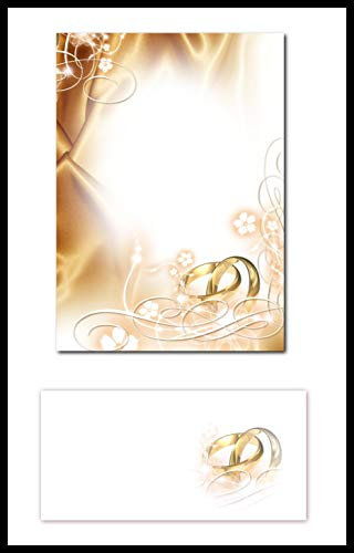 100 Blatt Briefpapier DIN A4 + 100 Stück Umschläge 5017 Hochzeit Ringe Heirat Motivpapier / Premium Briefumschläge DIN lang (110 X 220mm) mit Motiv bedruckt, Briefhüllen Kuvert, ohne Fenster, haftklebend