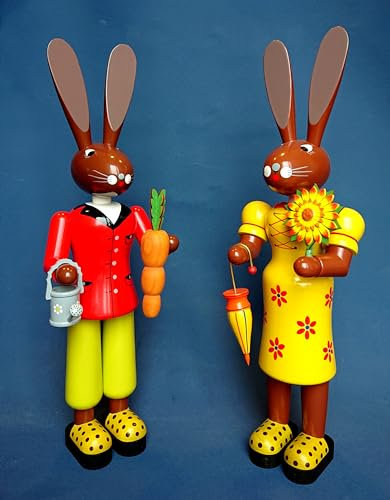 42cm großes Osterhasen-Paar mit Blume & Mohrrüben aus Massivholz gedrechselt - Feine Handarbeit aus dem Erzgebirge
